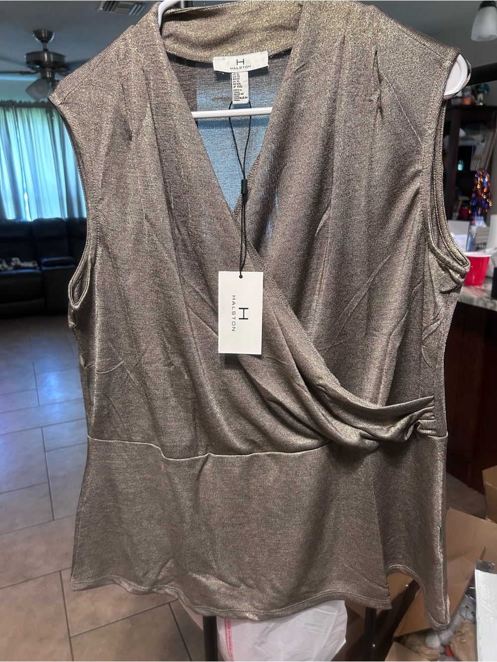 Halston Heritage Metallic Taupe Draped Sleeveless V-Neck Top